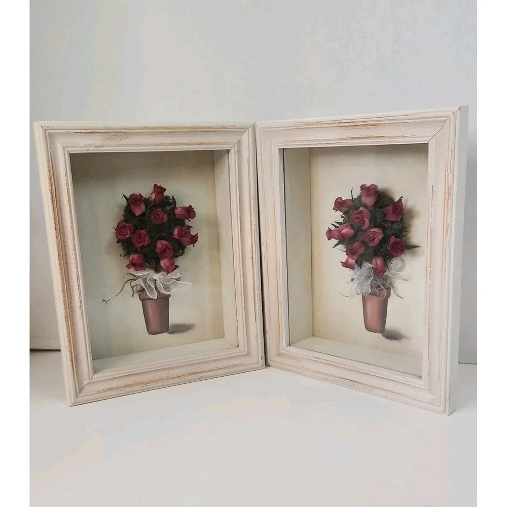 Vintage 1990s Constance Lael Topiary Rose Shadow Box Frame Wall Art Pair Set 2